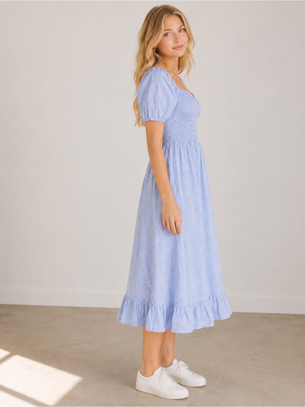 J.Crew Blue & White Stripe Short-Sleeve Smocked Dress - Picture 3 of 12